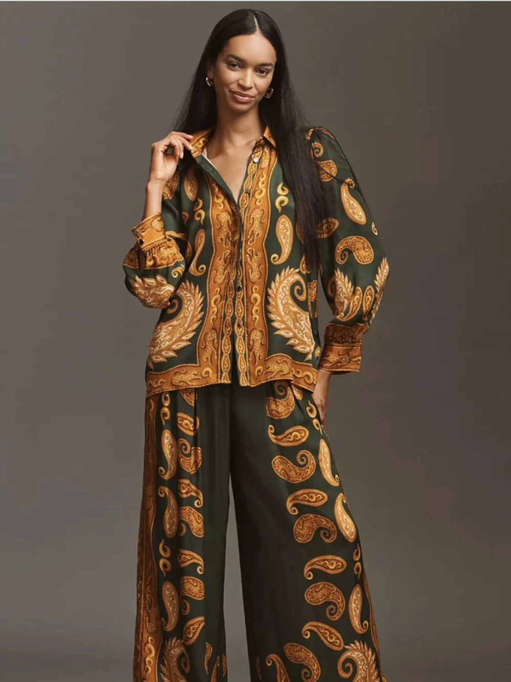 FARM Rio x Anthropologie Gold and Green Paisley Silk Blouse Size XXS NWT